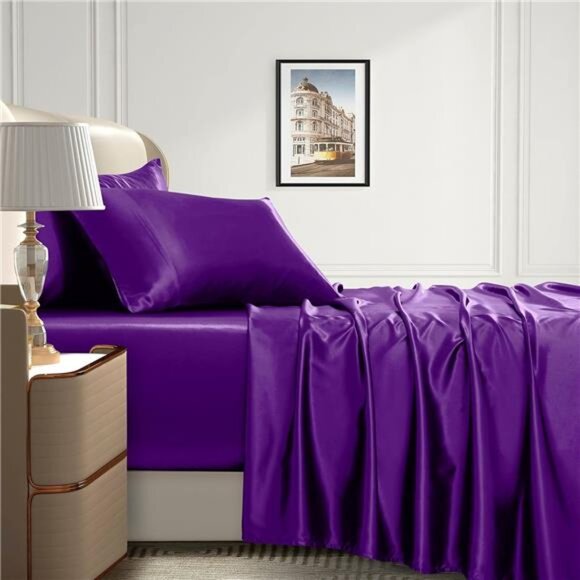 Homiest 4pcs Extra Deep Pocket Satin Sheets Queen Size Bed Set, 18-24 Inch Deep - Picture 3 of 8